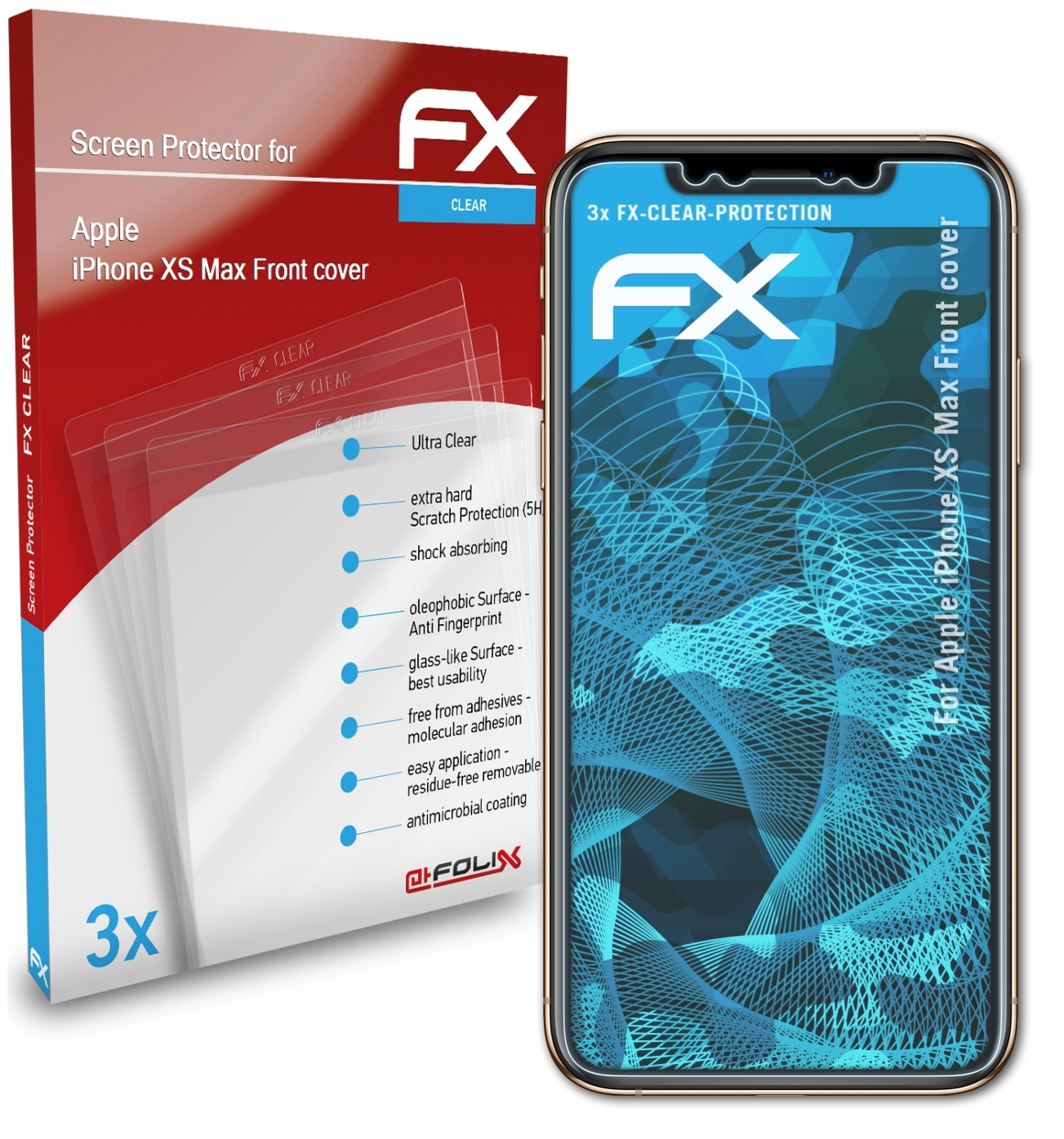 ATFOLIX 3x FX-Clear Displayschutz(für iPhone XS Apple cover)) Max (Front