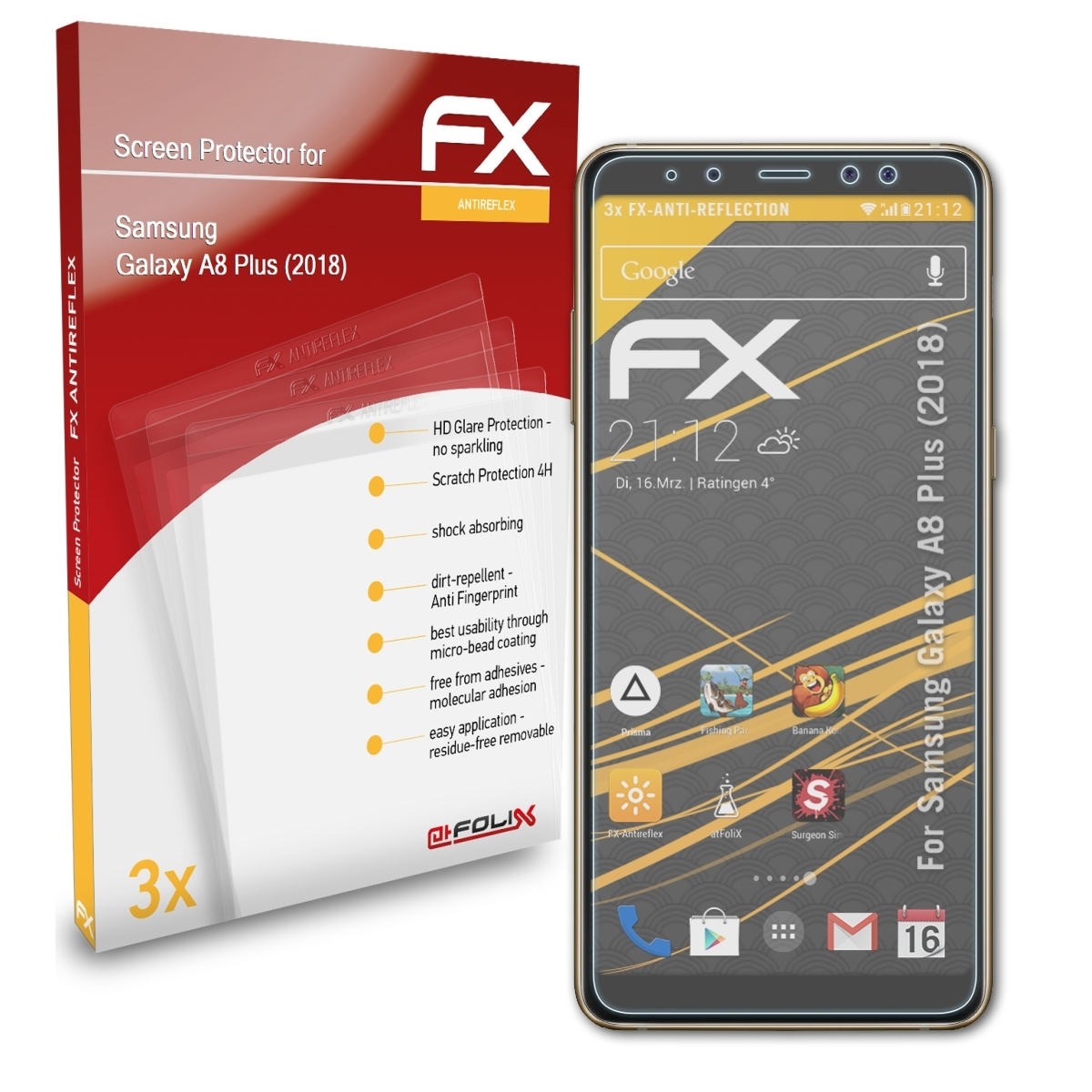 ATFOLIX 3x FX-Antireflex Galaxy Samsung Plus (2018)) Displayschutz(für A8