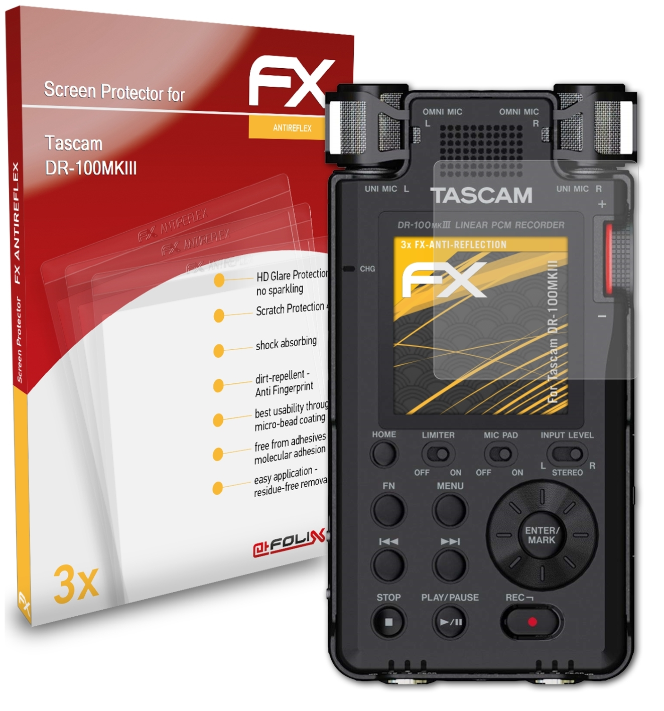 ATFOLIX 3x FX-Antireflex Displayschutz(für Tascam DR-100MKIII)
