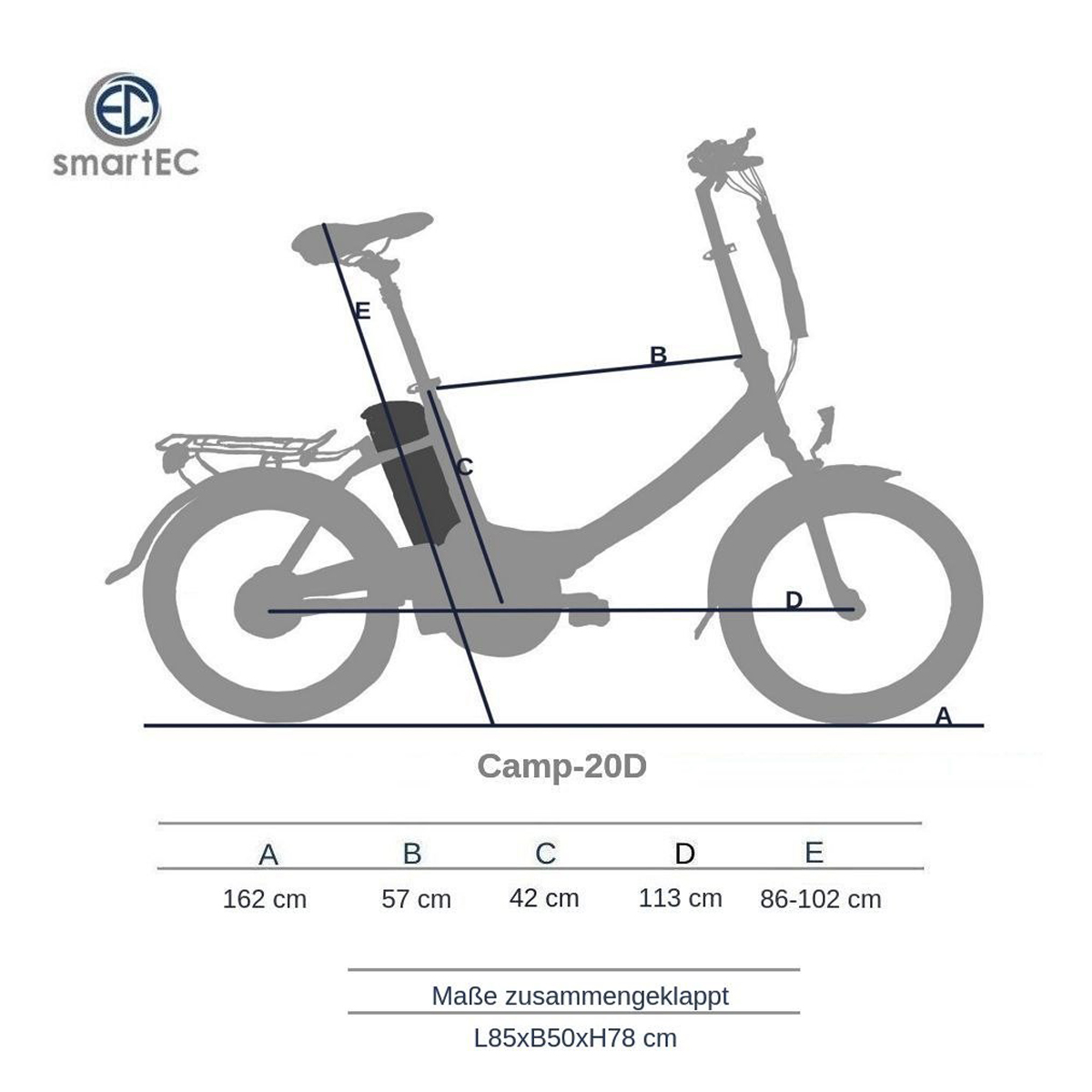 Ein Fahrrad mit beschrifteten Messungen. Enthält die Maße A-E und die gefalteten Abmessungen.