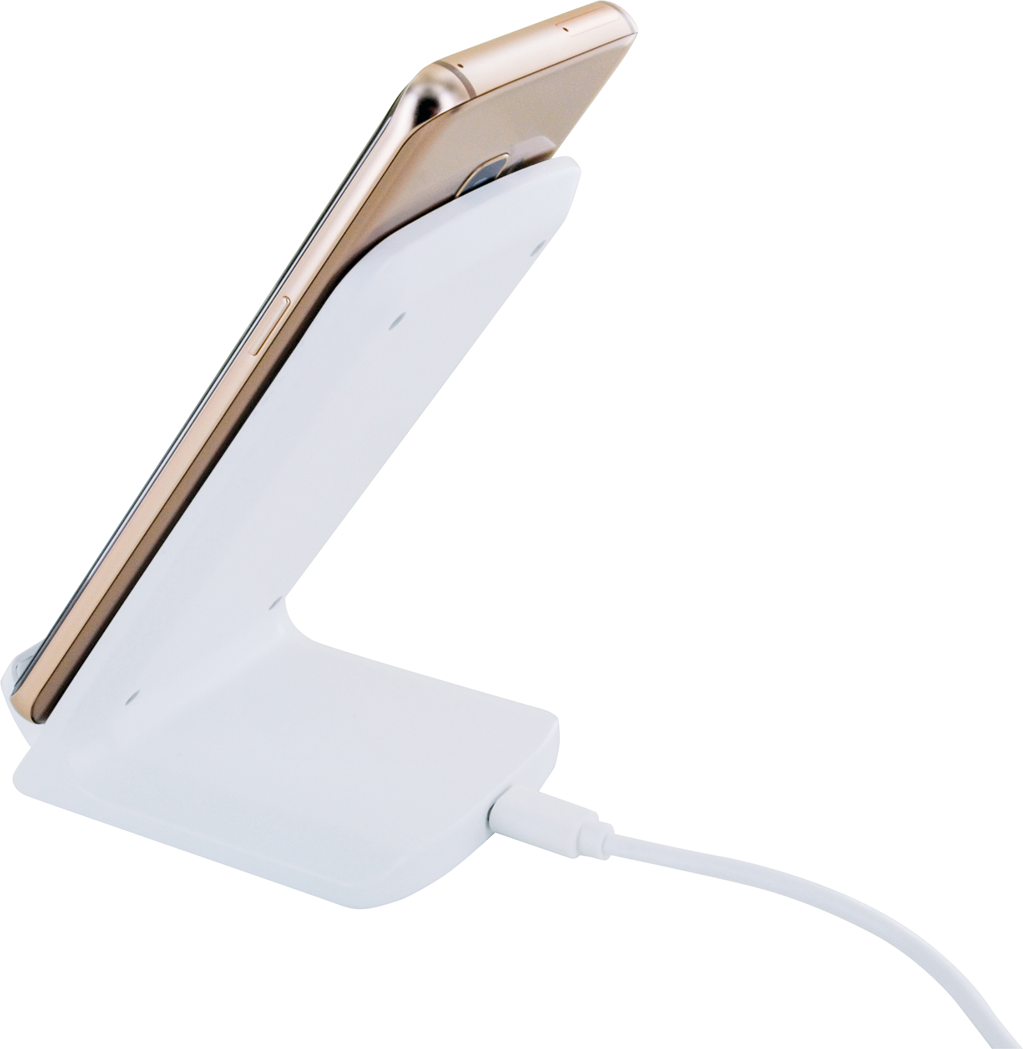 Ein goldenes Smartphone liegt auf einer weißen kabellosen Ladestation mit angeschlossenem Kabel.