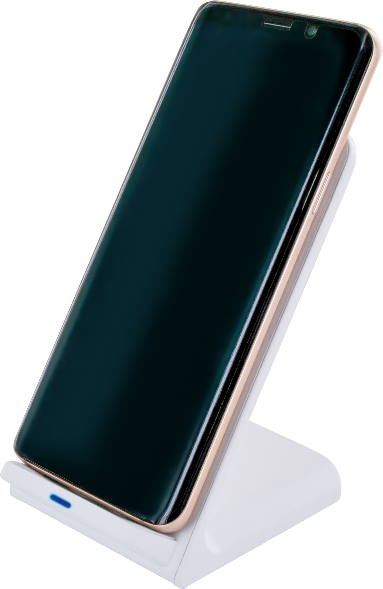 Smartphone auf einem weißen kabellosen Ladeständer. Das Telefon ist gold und hat einen schwarzen Bildschirm.