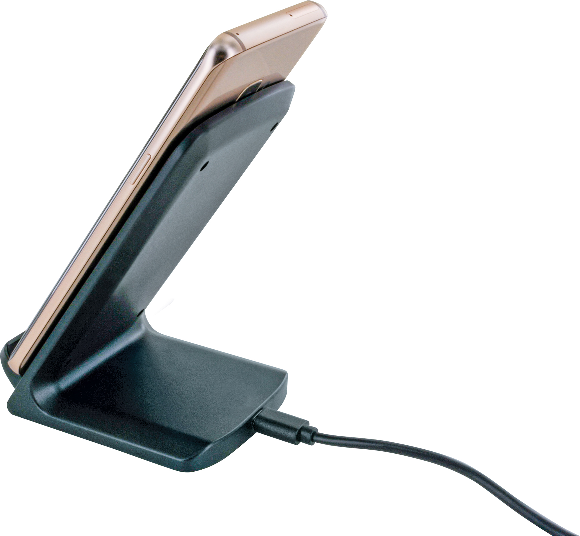 Ein schwarzer Ladeständer, der ein goldenes Smartphone hält, mit angeschlossenem Ladekabel.