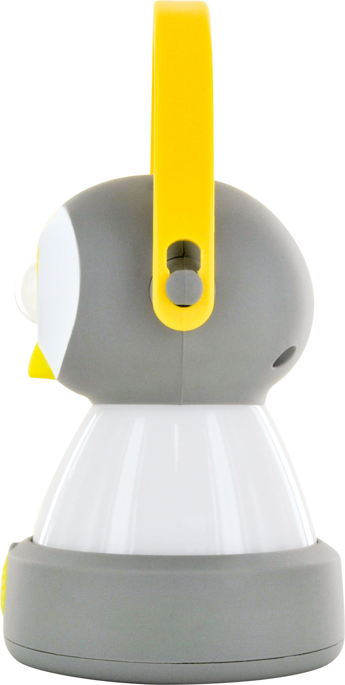 Eine grau-weiße pinguinförmige Lampe mit gelbem Griff.