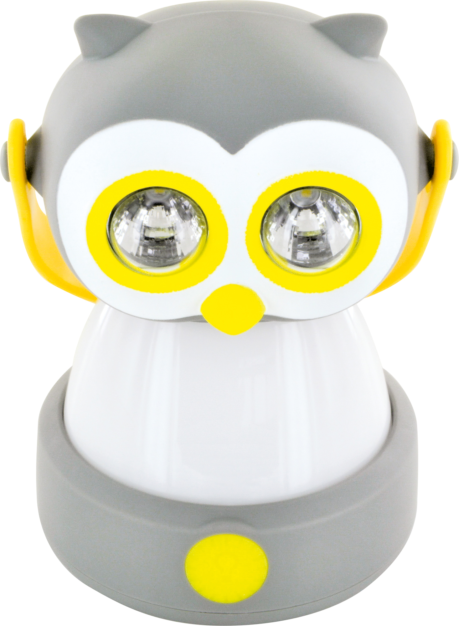 Eine eulenformige Lampe mit gelben Akzenten und hellem Licht. Der Hintergrund ist weiß.