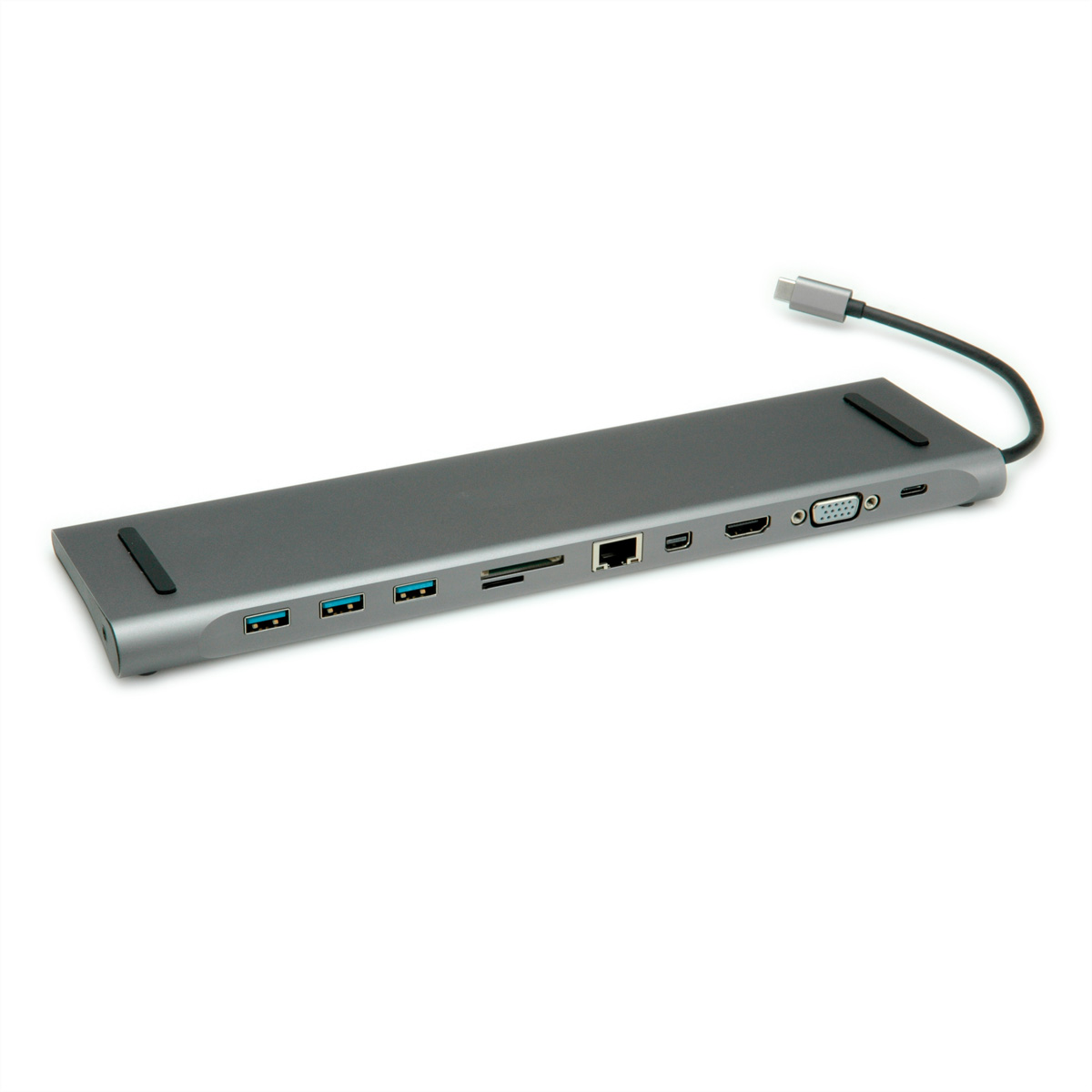 Un dispositivo grigio con più porte, tra cui USB e HDMI, e un cavo.