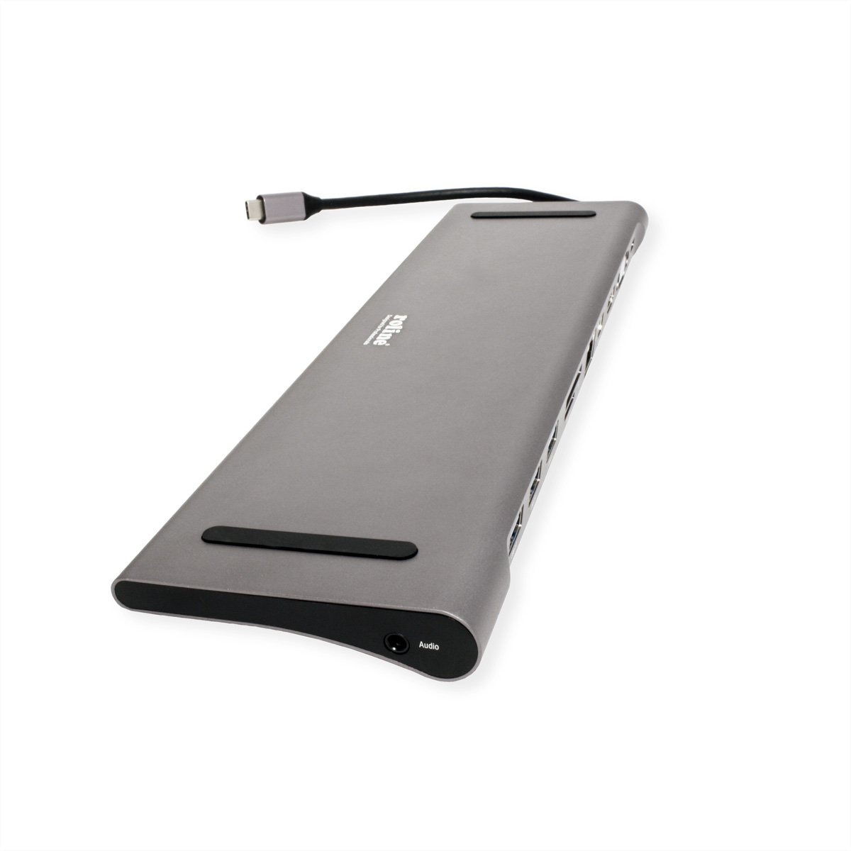 Un hub USB-C grigio con più porte, un cavo nero e la parola 'atolla' stampata sopra.