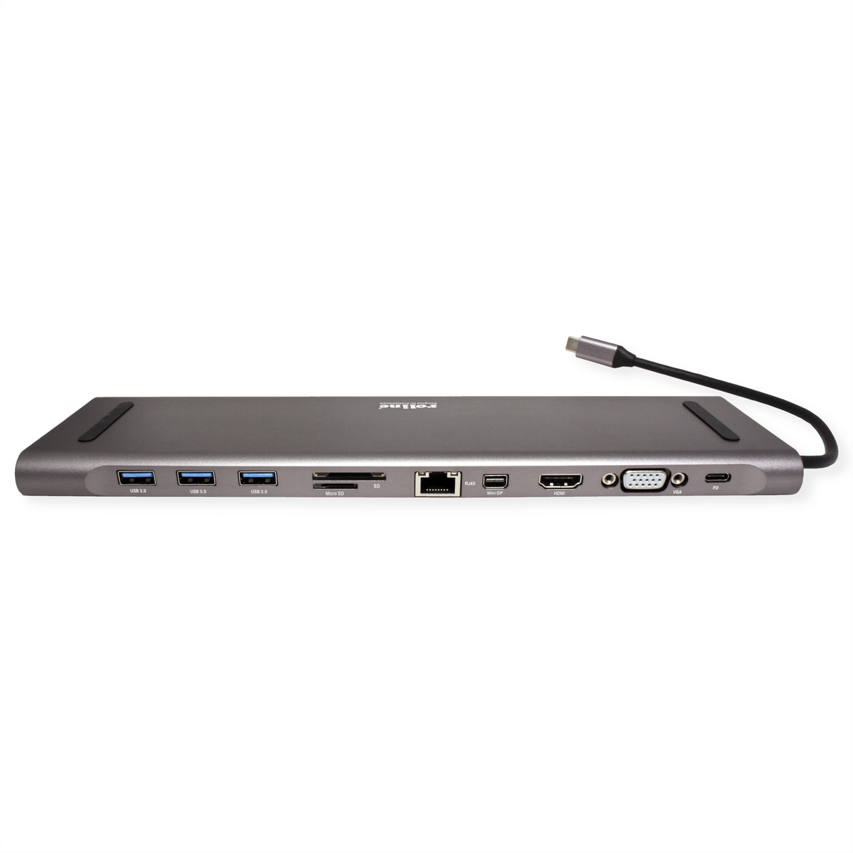 Un hub USB-C grigio con più porte e un cavo nero collegato, su una superficie bianca.