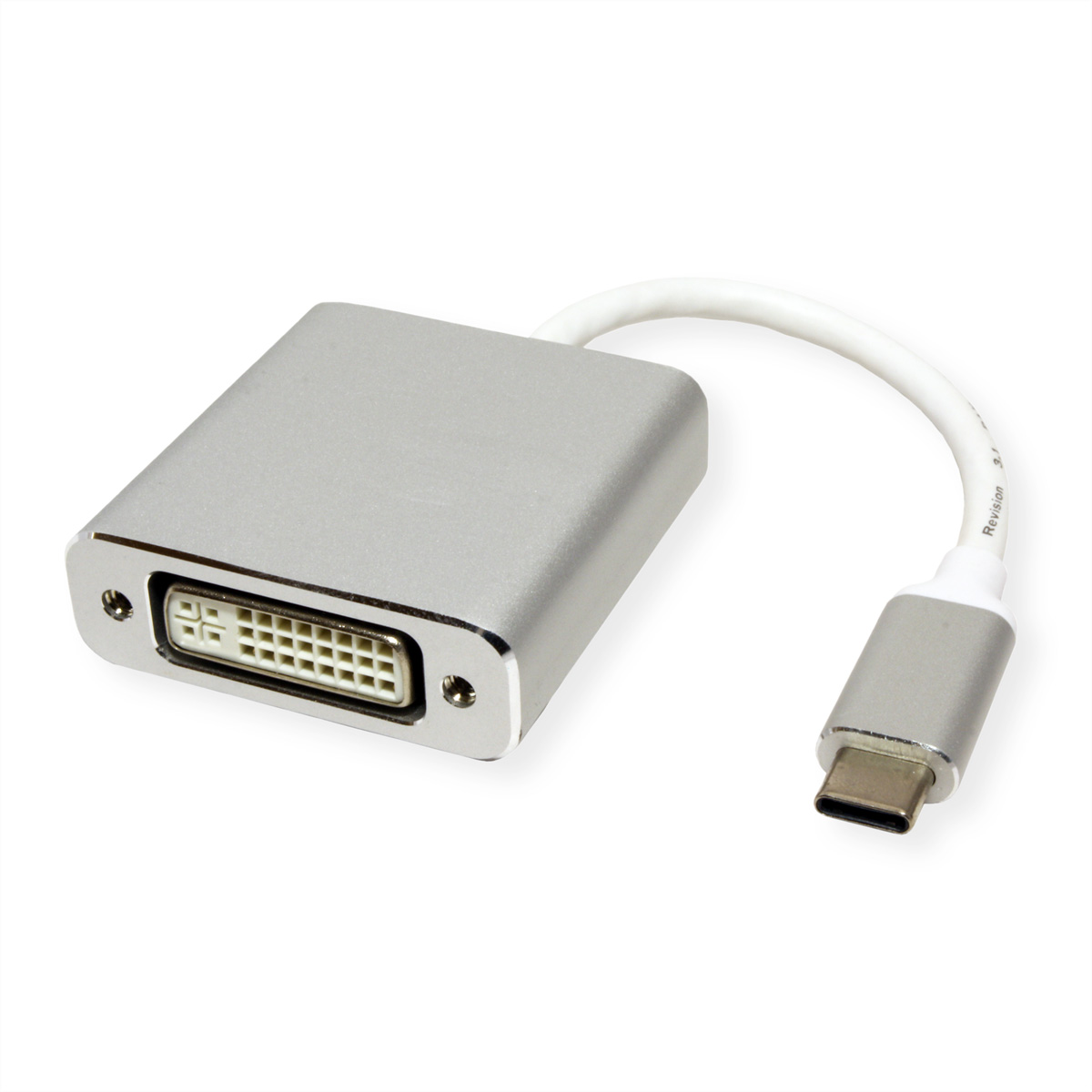 Ein silberner Adapter mit einem DVI-Anschluss an einem Ende und einem USB-C-Anschluss am anderen Ende.