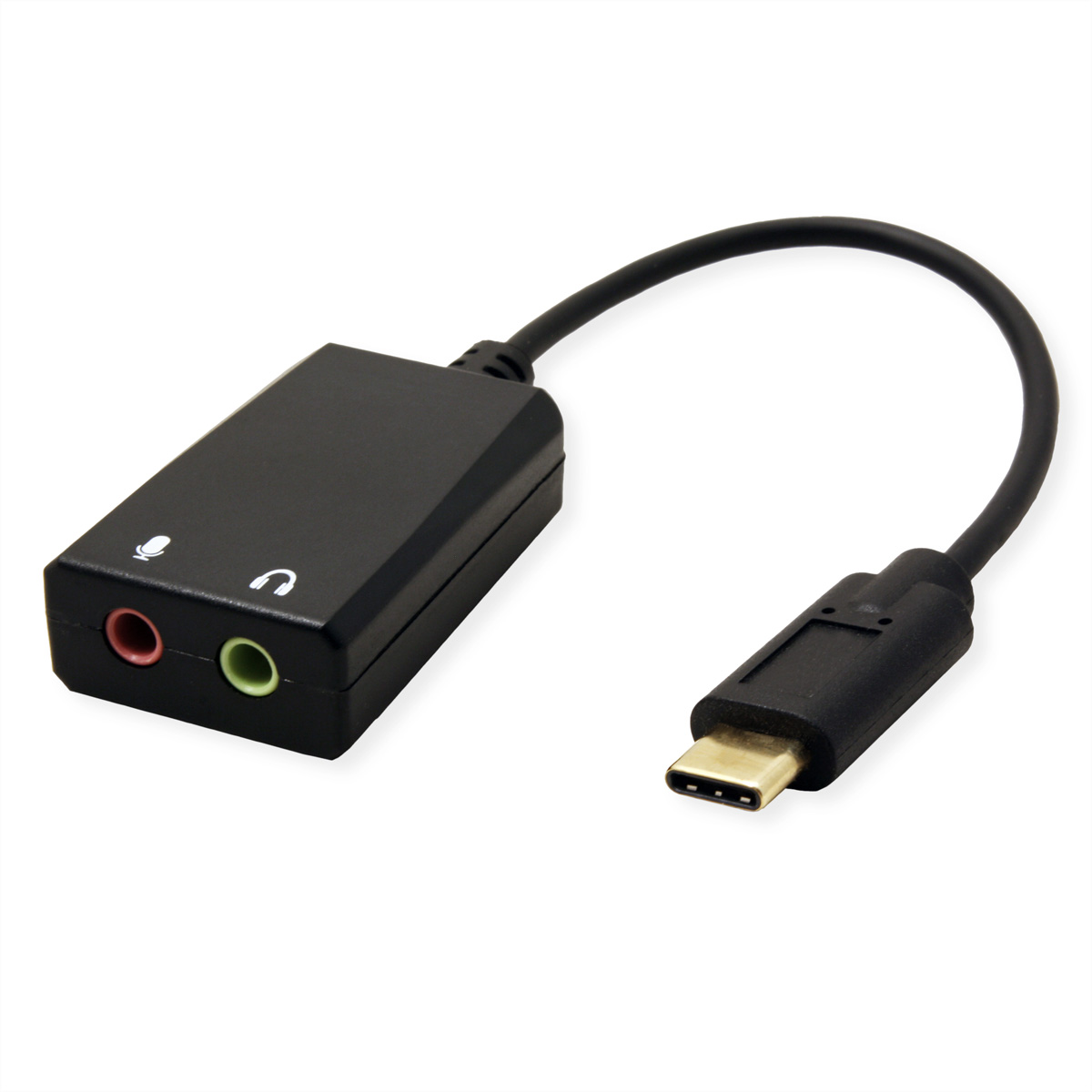 Un adaptateur audio USB-C noir avec ports microphone et casque.