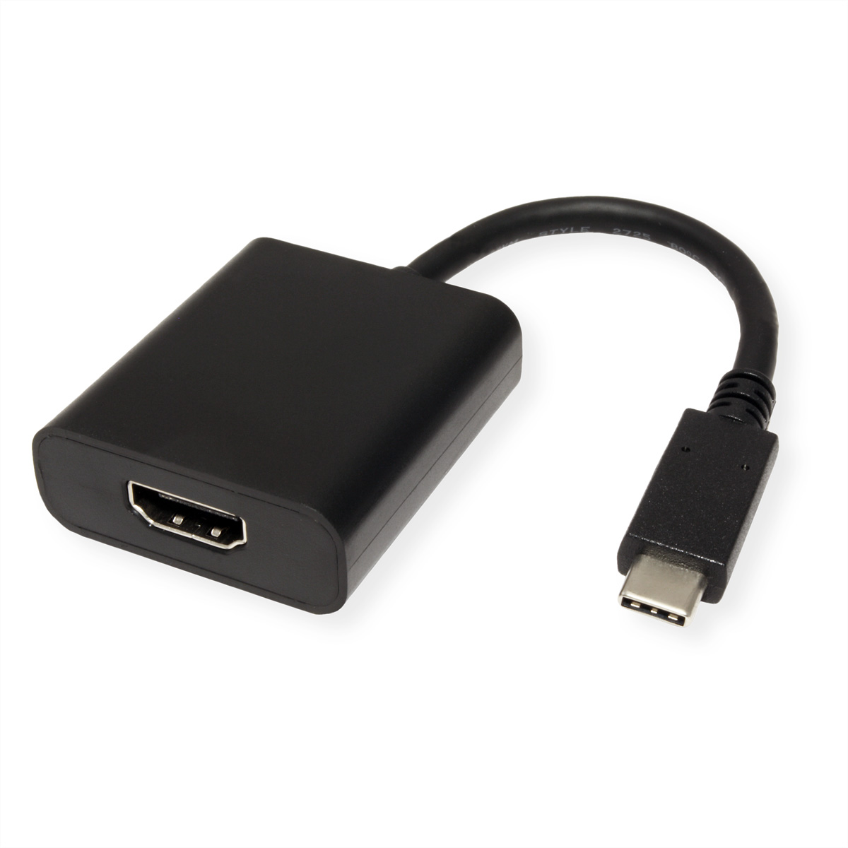 Câble adaptateur HDMI vers USB-C sur fond blanc.