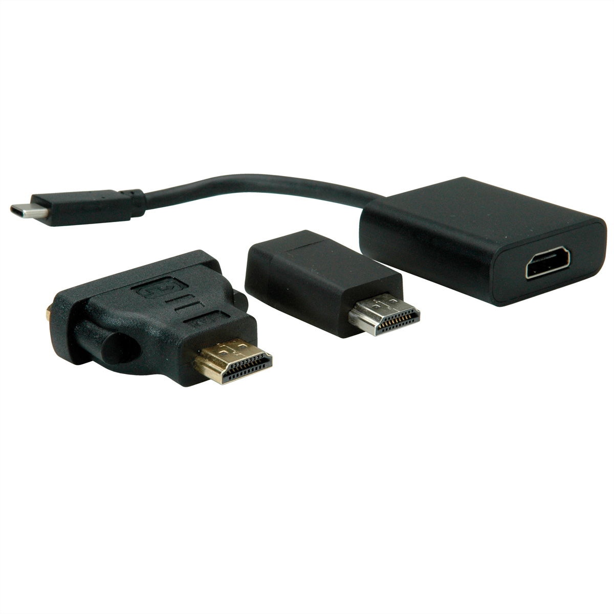 Câbles adaptateurs noirs. L'un est USB-C vers HDMI, l'autre HDMI vers DVI.