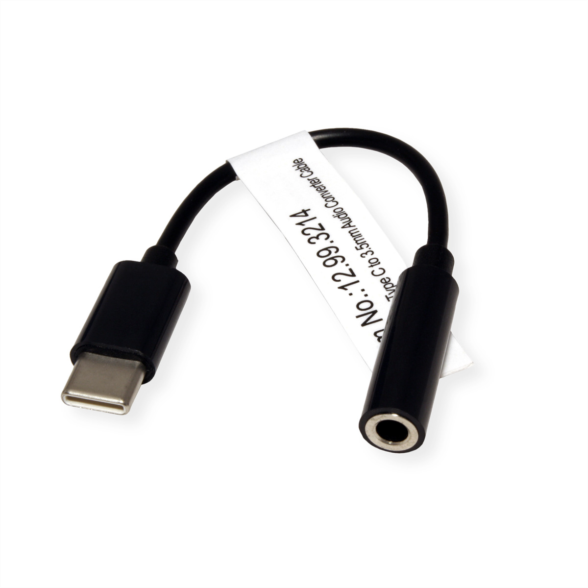 A black Type C to 3.5mm audio converter cable with a label. The label says: Type C to 3.5mm Audio Converter Cable.