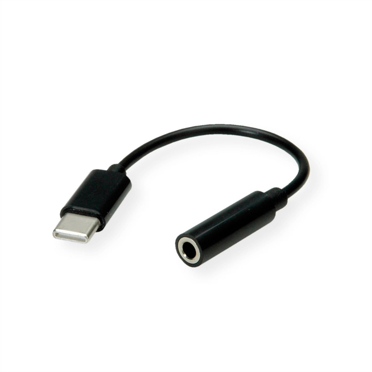 A black USB-C to 3.5mm audio adapter cable, connecting a USB-C port to a headphone jack.