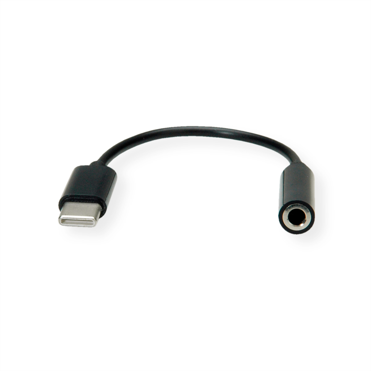 A black USB-C to 3.5mm audio adapter cable, with a black USB-C connector and a 3.5mm jack.