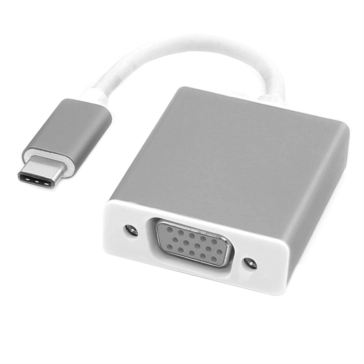 Grauer USB-C-zu-VGA-Adapter mit weißem Kabel auf weißem Grund.