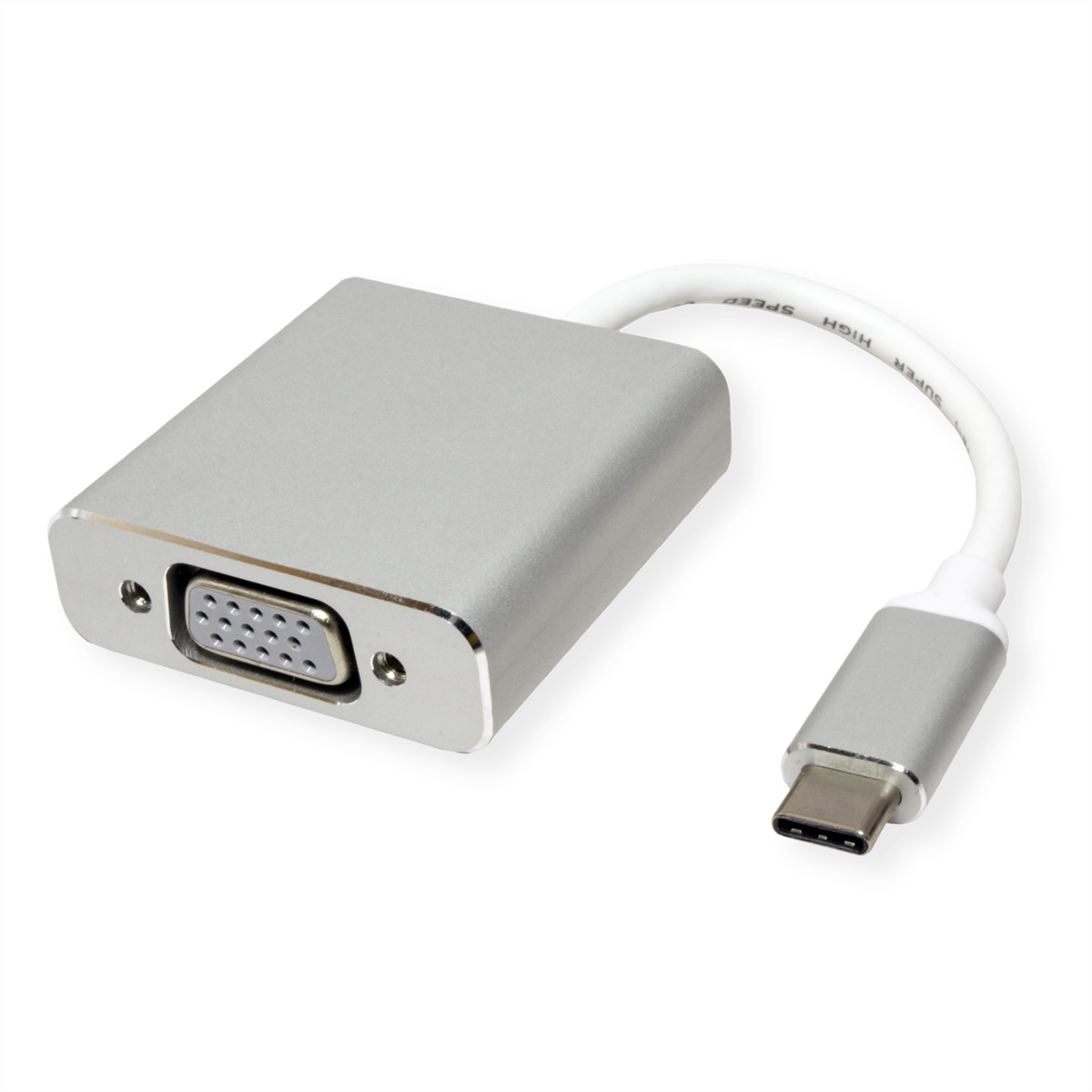 Silberner Adapter, VGA zu USB-C, mit weißem Kabel auf weißem Hintergrund.