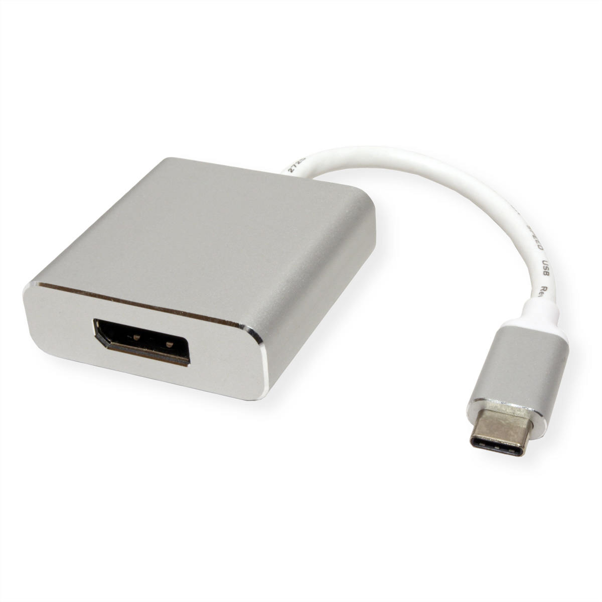 Ein silberner HDMI-zu-USB-C-Adapter mit weißem Kabel, isoliert auf weißem Untergrund.