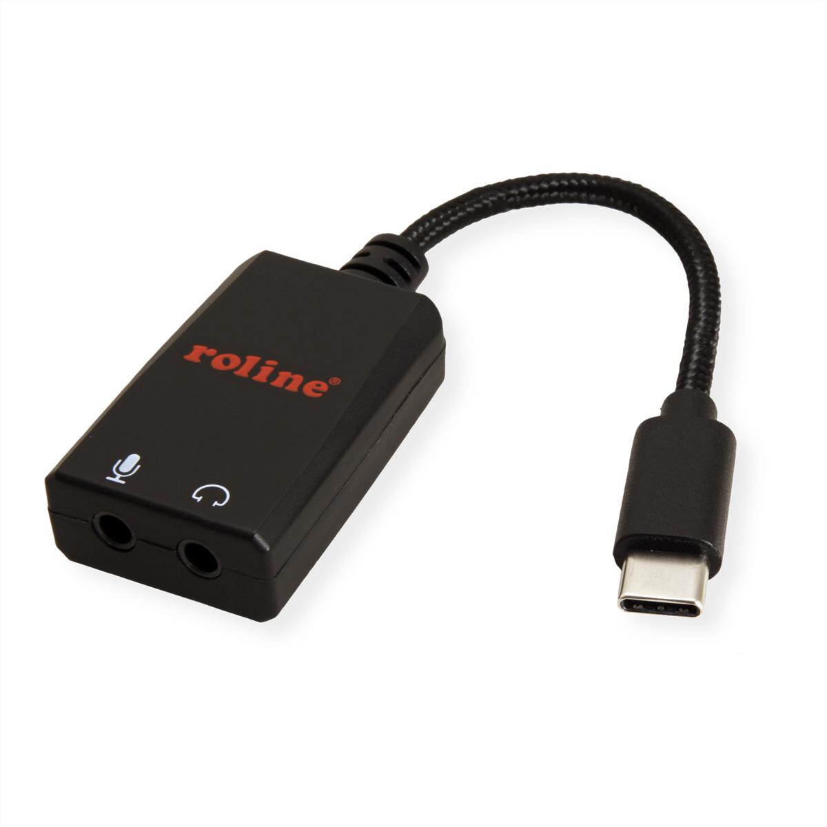 Adaptateur audio noir avec texte 'roline' rouge, prises micro et casque, et connecteur USB-C.