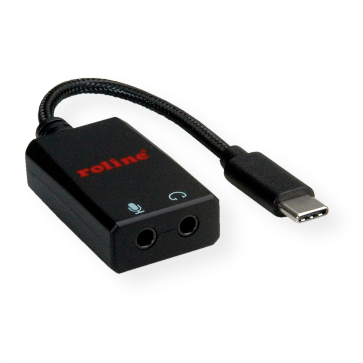 Adaptateur audio noir avec microphone, prises casque et connecteur USB-C.