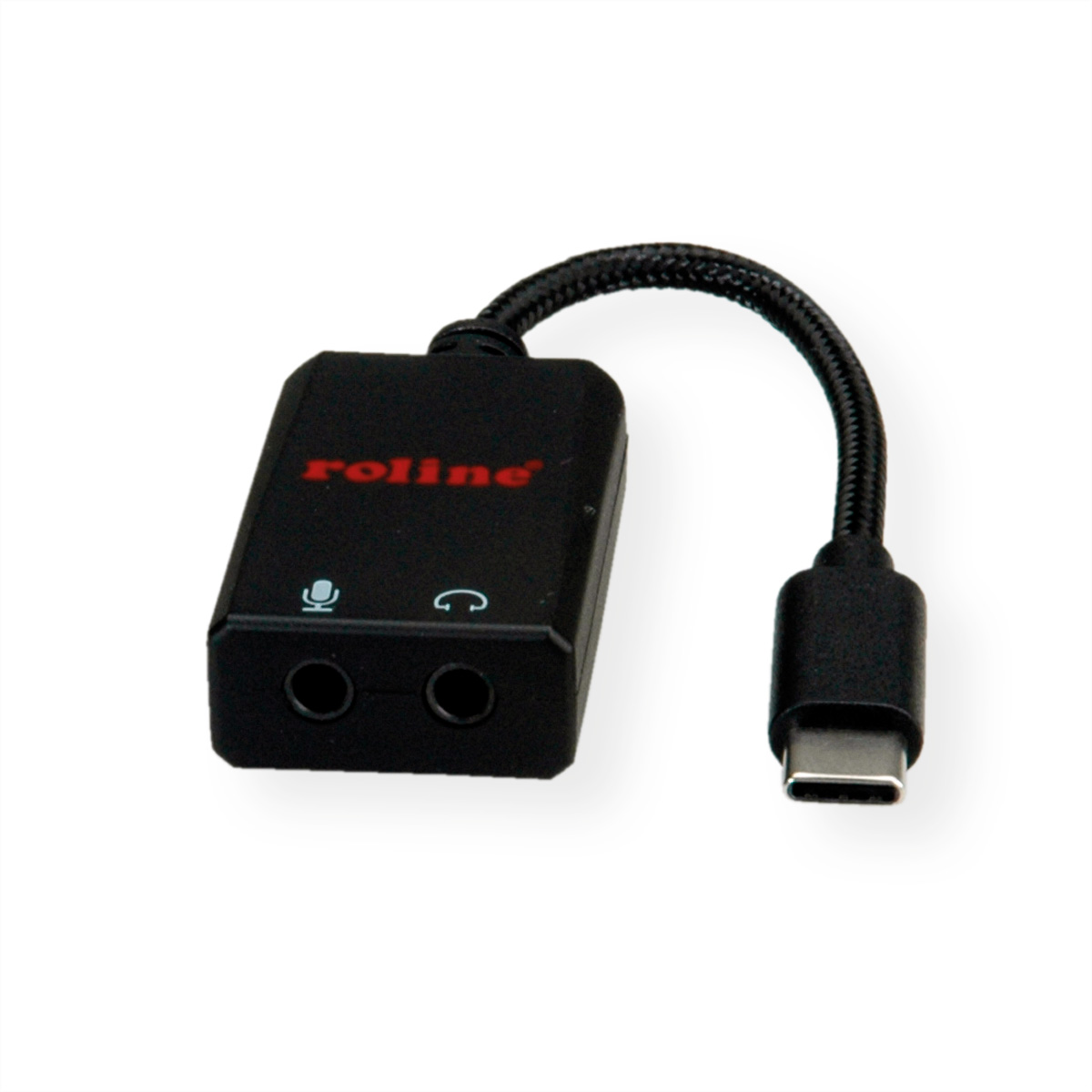Un adaptateur audio noir avec un connecteur USB-C.