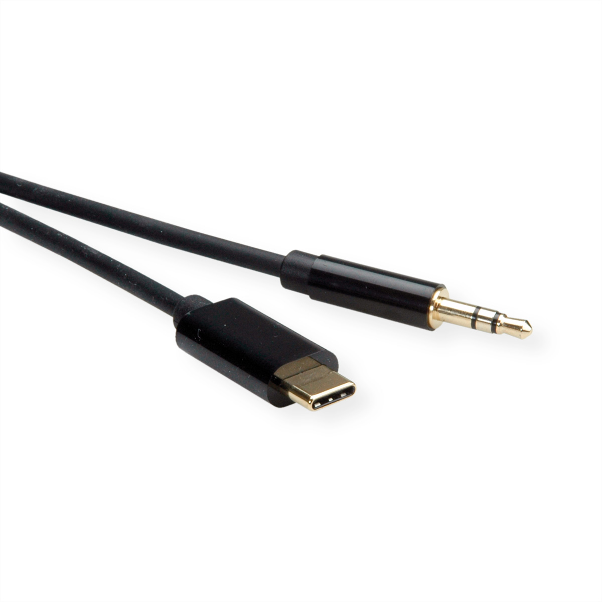 Een zwarte USB-C naar 3,5 mm audiokabel op een witte achtergrond. Het heeft een metalen connector.