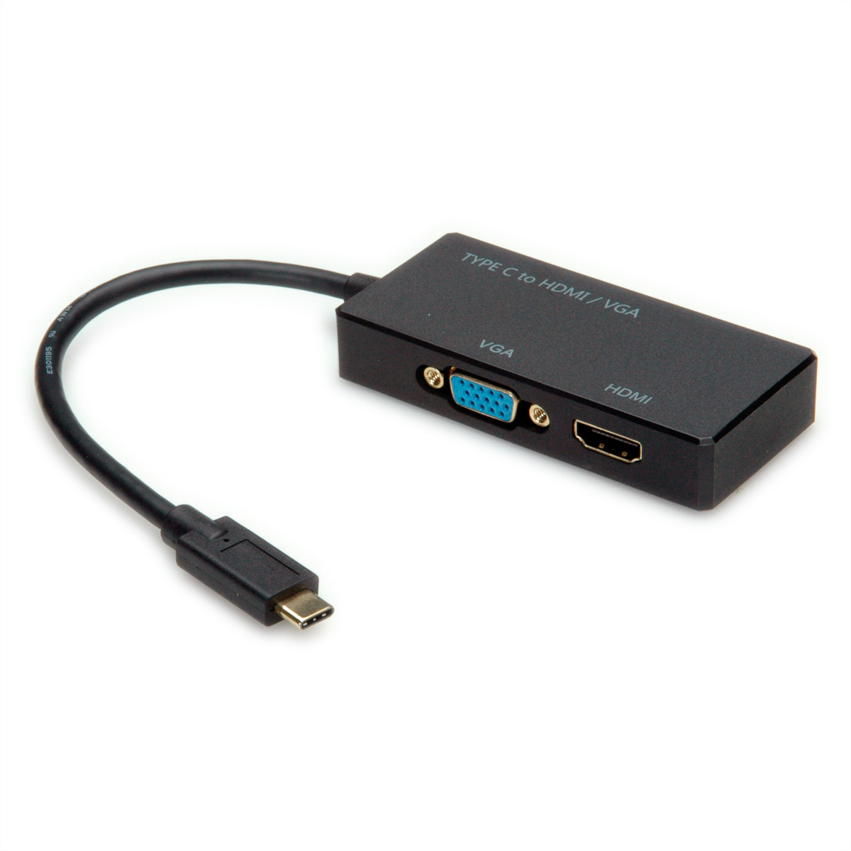 Ein schwarzer, rechteckiger Typ-C-zu-HDMI/VGA-Adapter. Er hat VGA- und HDMI-Anschlüsse.
