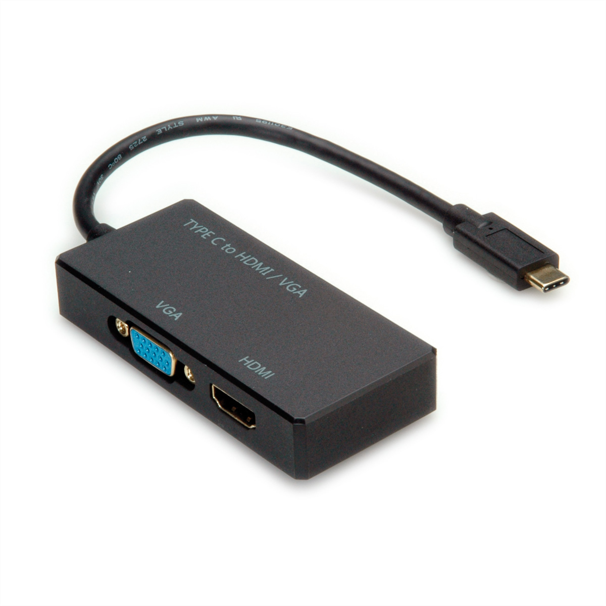Schwarzer Adapter mit VGA-, HDMI-Anschlüssen und USB-C-Stecker.