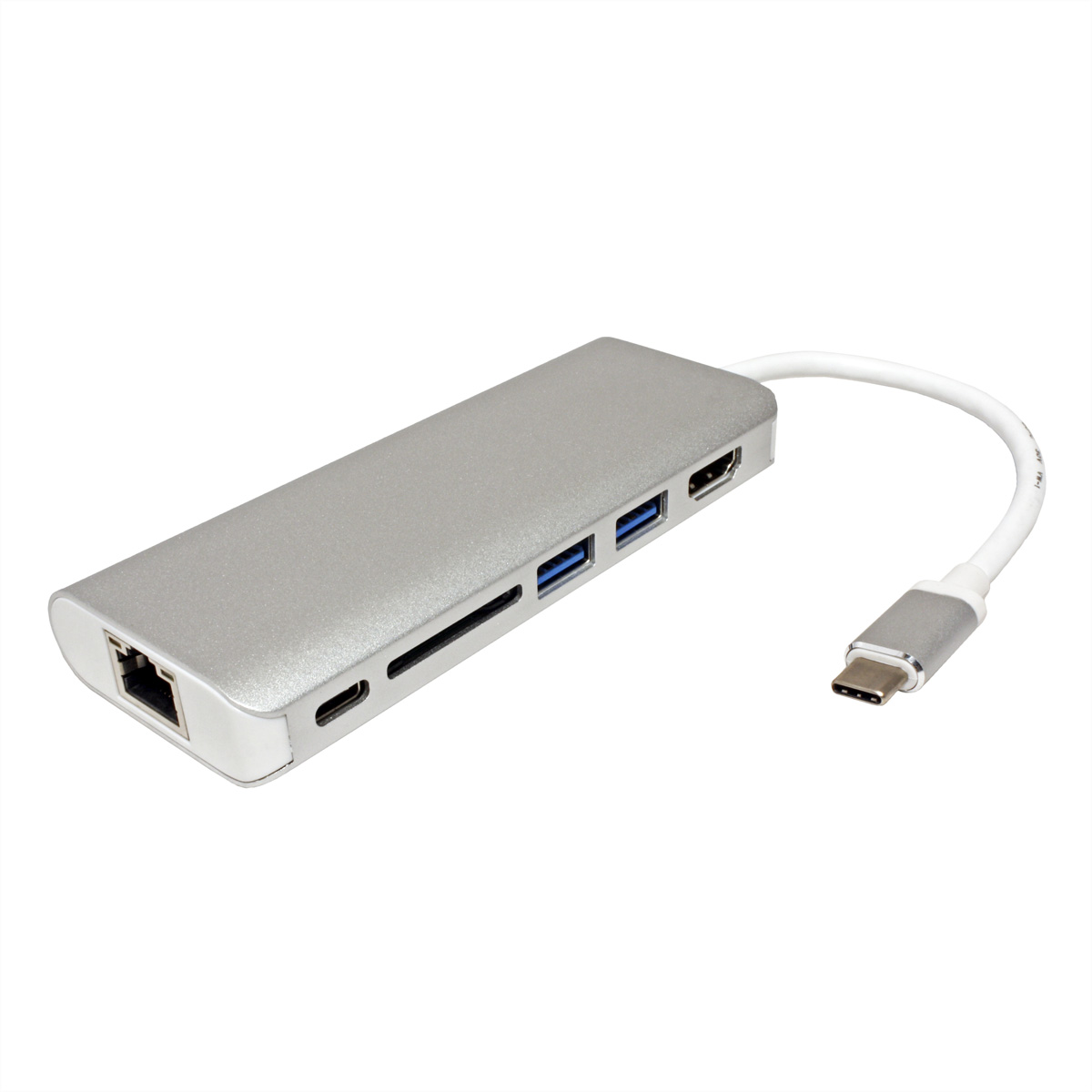 Un hub USB-C argenté avec plusieurs ports et un câble blanc connecté.