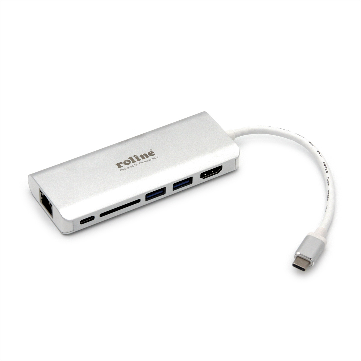 Hub USB-C argenté avec plusieurs ports et un câble blanc.