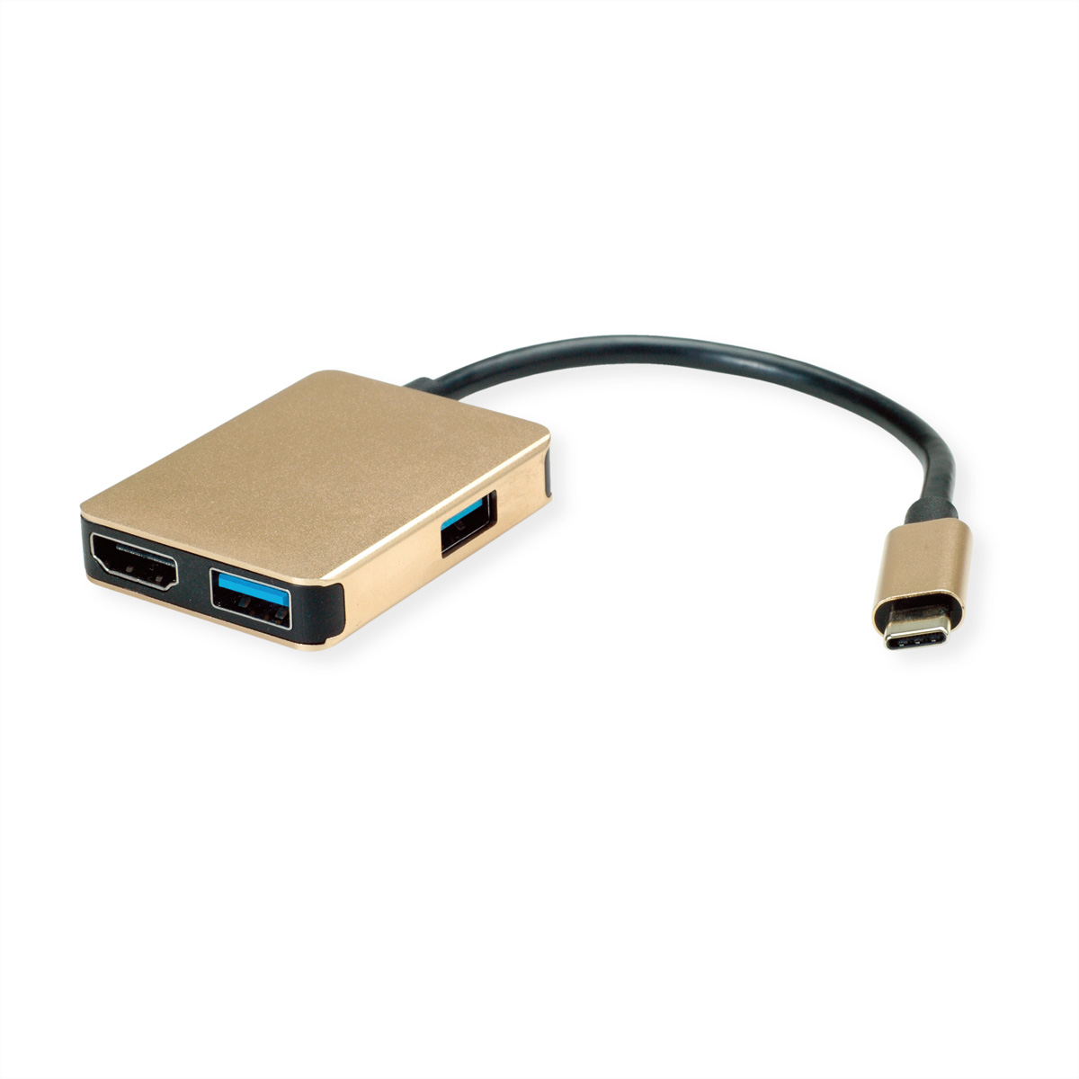 Un hub USB-C doré avec ports HDMI et USB avec un câble noir, sur fond blanc.