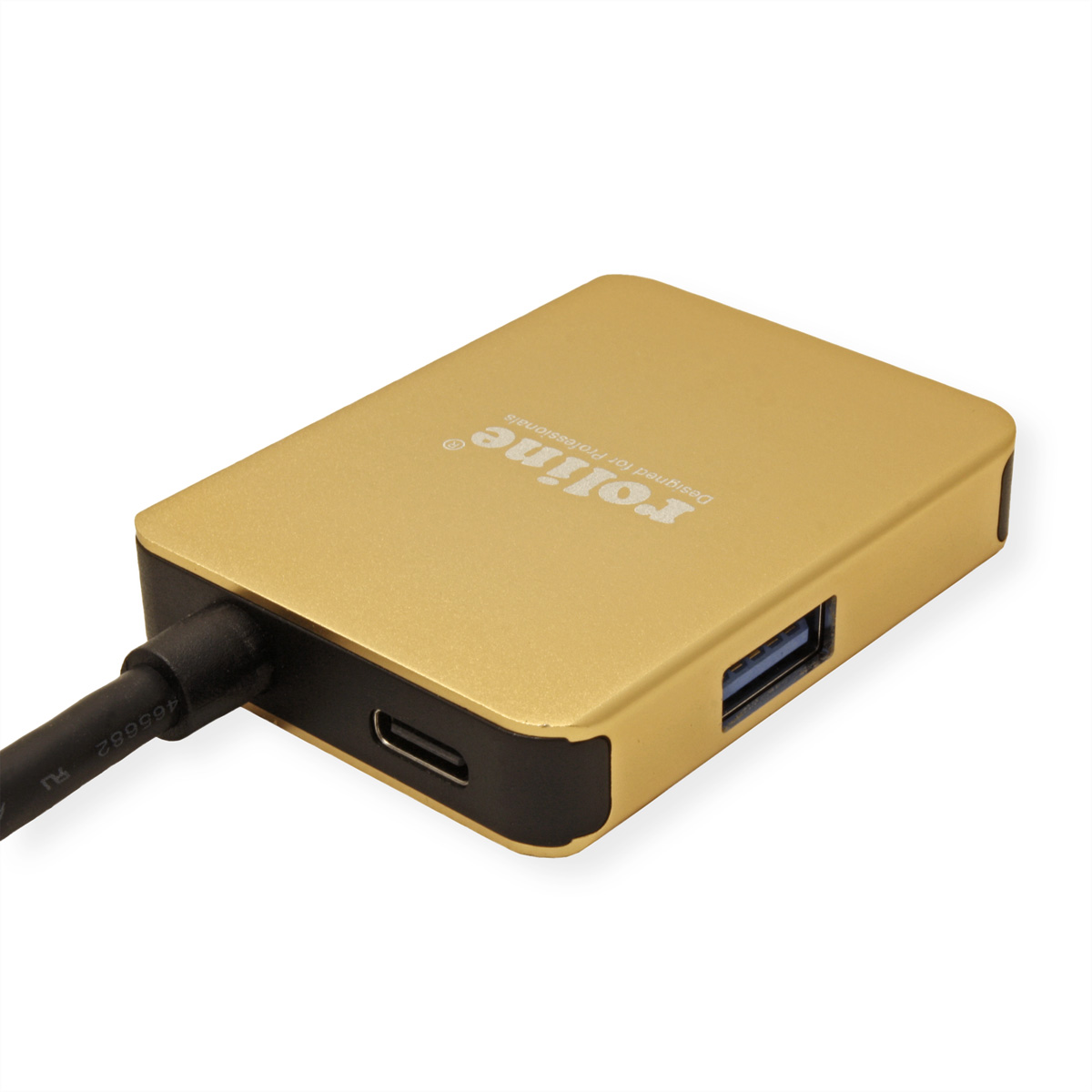Hub USB de couleur or avec un câble noir et un port USB.