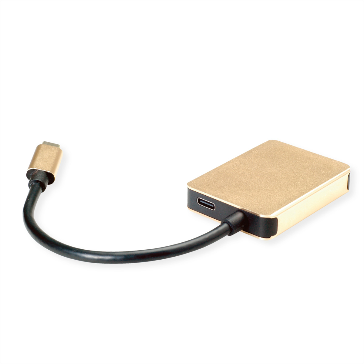 Un câble adaptateur USB-C doré connecté à un téléphone et un ordinateur portable. Le fond est blanc.