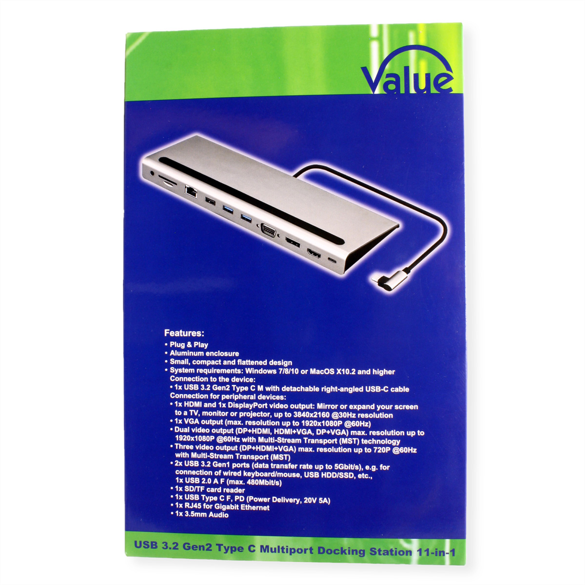 Eine blaue Box mit Details zur USB 3.2 Gen2 Typ C Multiport-Dockingstation.