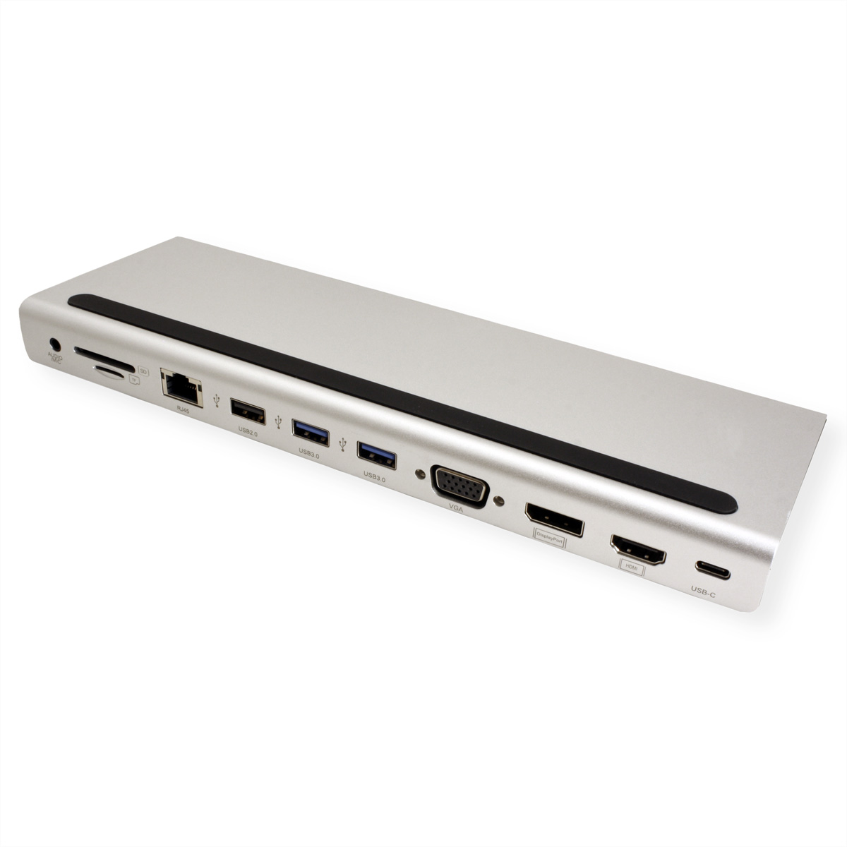 Silberne Dockingstation für einen Laptop mit mehreren Anschlüssen. Auf weißer Fläche.