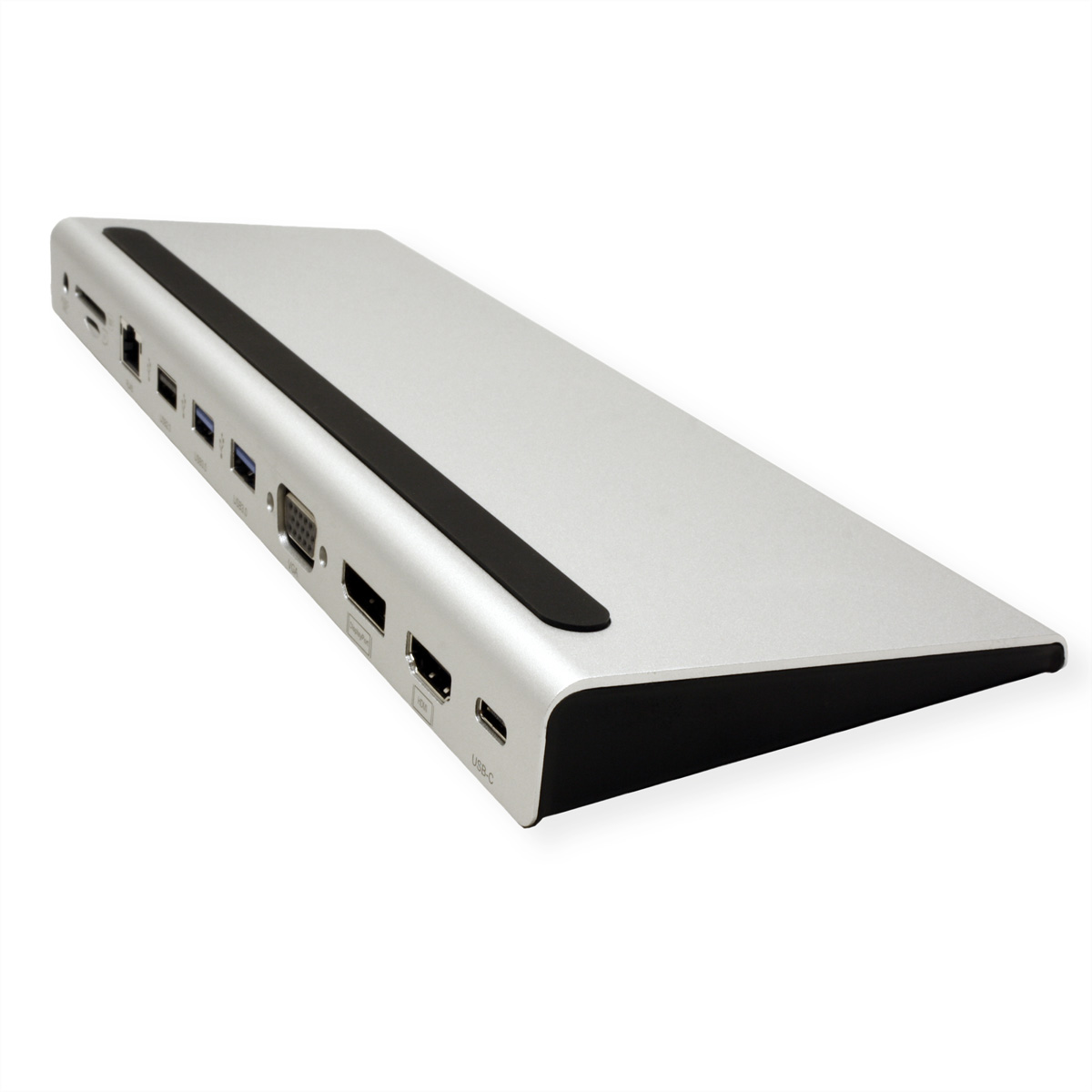 Silberner Computer-Hub mit verschiedenen Anschlüssen an der Seite, Schrägansicht, weißer Hintergrund, USB-C-Anschluss.