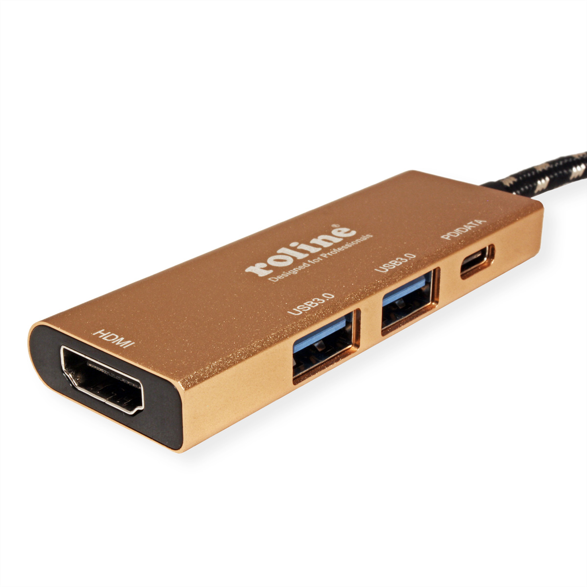 Een goudkleurige USB-hub met meerdere poorten, verbonden met een zwart-grijze kabel.
