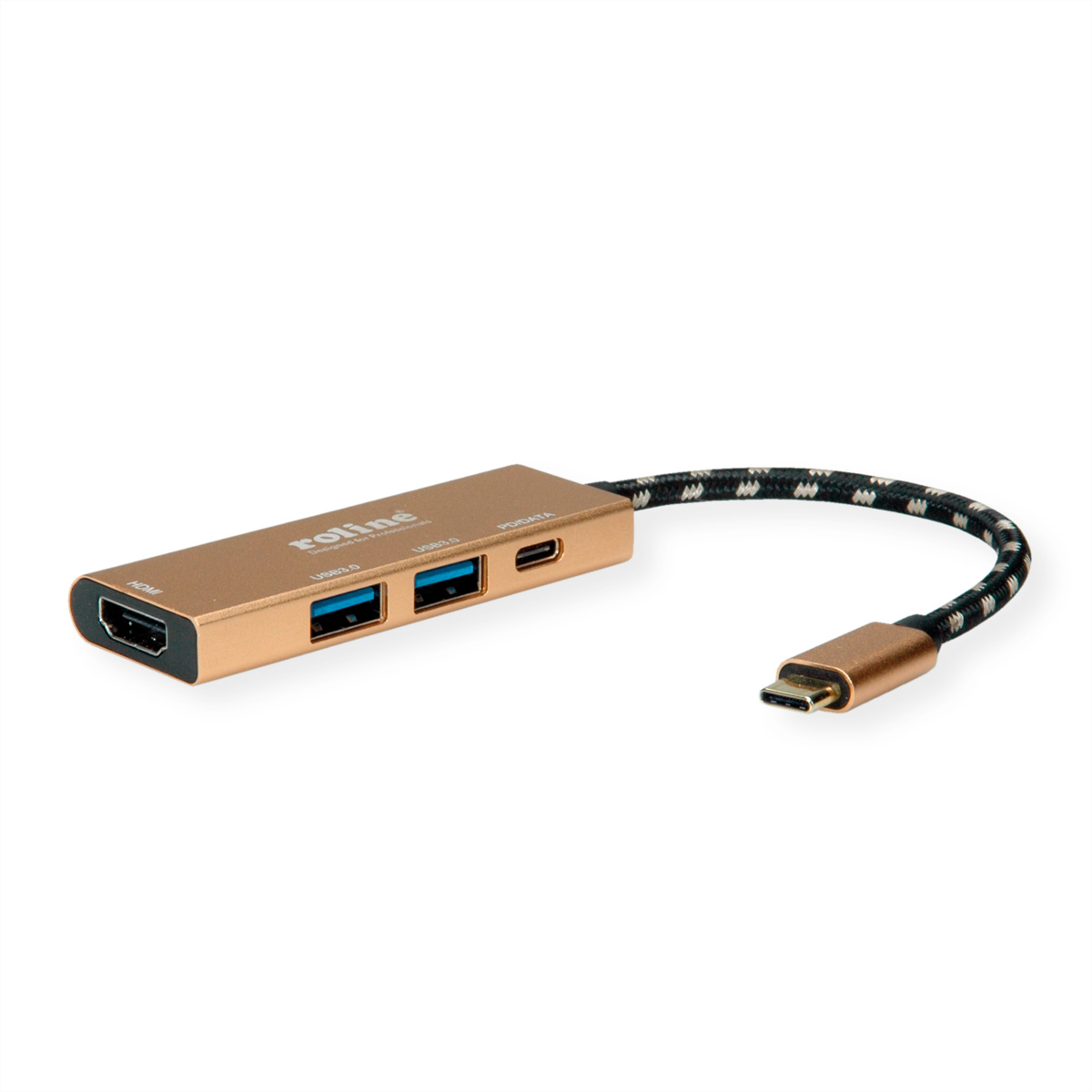 Gouden USB-C hub met HDMI, USB-poorten en een gevlochten kabel. Witte achtergrond.