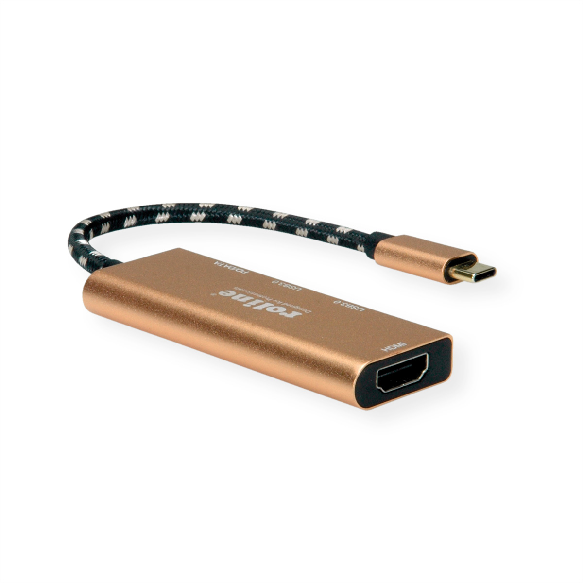 Gouden USB-C naar HDMI-adapter met een zwart-witte gevlochten kabel.