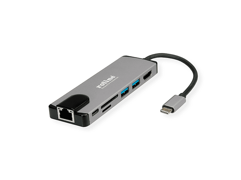 ROLINE USB 3.2 Gen 2 Card C Typ Multiport Reader, Docking HDMI, grau Station, LAN Dockingstation, 4K