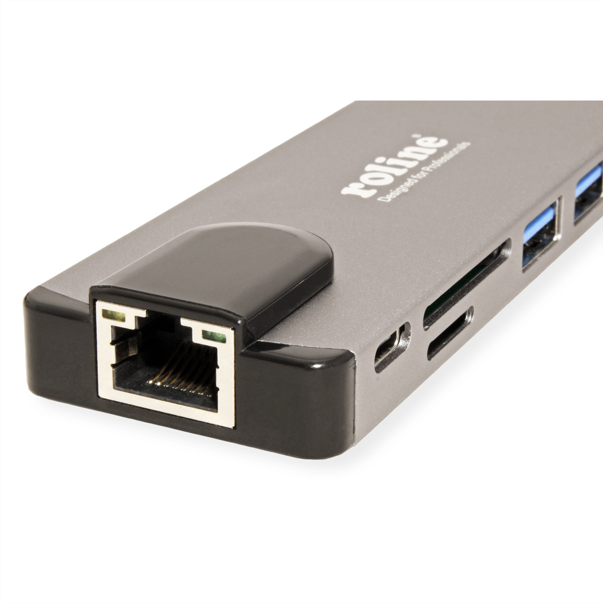 Un hub adattatore multiporta Roline grigio, con Ethernet, USB, scheda SD e altre porte.