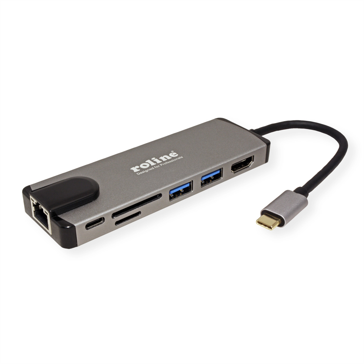 Hub USB-C grigio con più porte, tra cui HDMI, USB e lettore di schede SD, sfondo bianco.