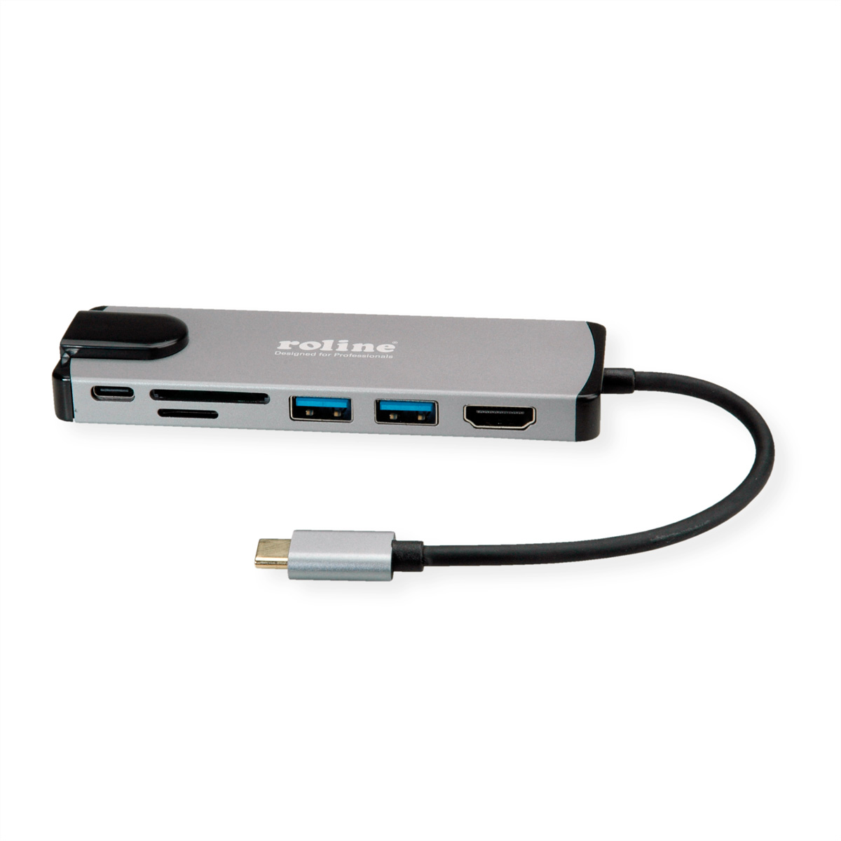 Un hub USB Roline grigio con più porte e un connettore USB-C, su sfondo bianco.