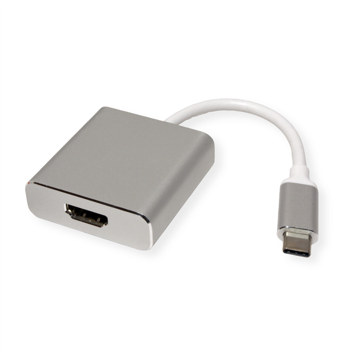 Silberner Adapter mit USB-C- und HDMI-Anschluss. Weißer Hintergrund.