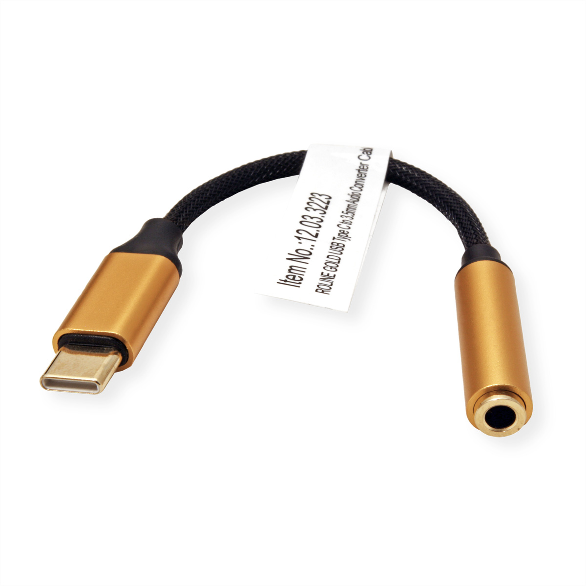 Câble convertisseur audio USB-C vers 3,5 mm or et noir sur fond blanc.