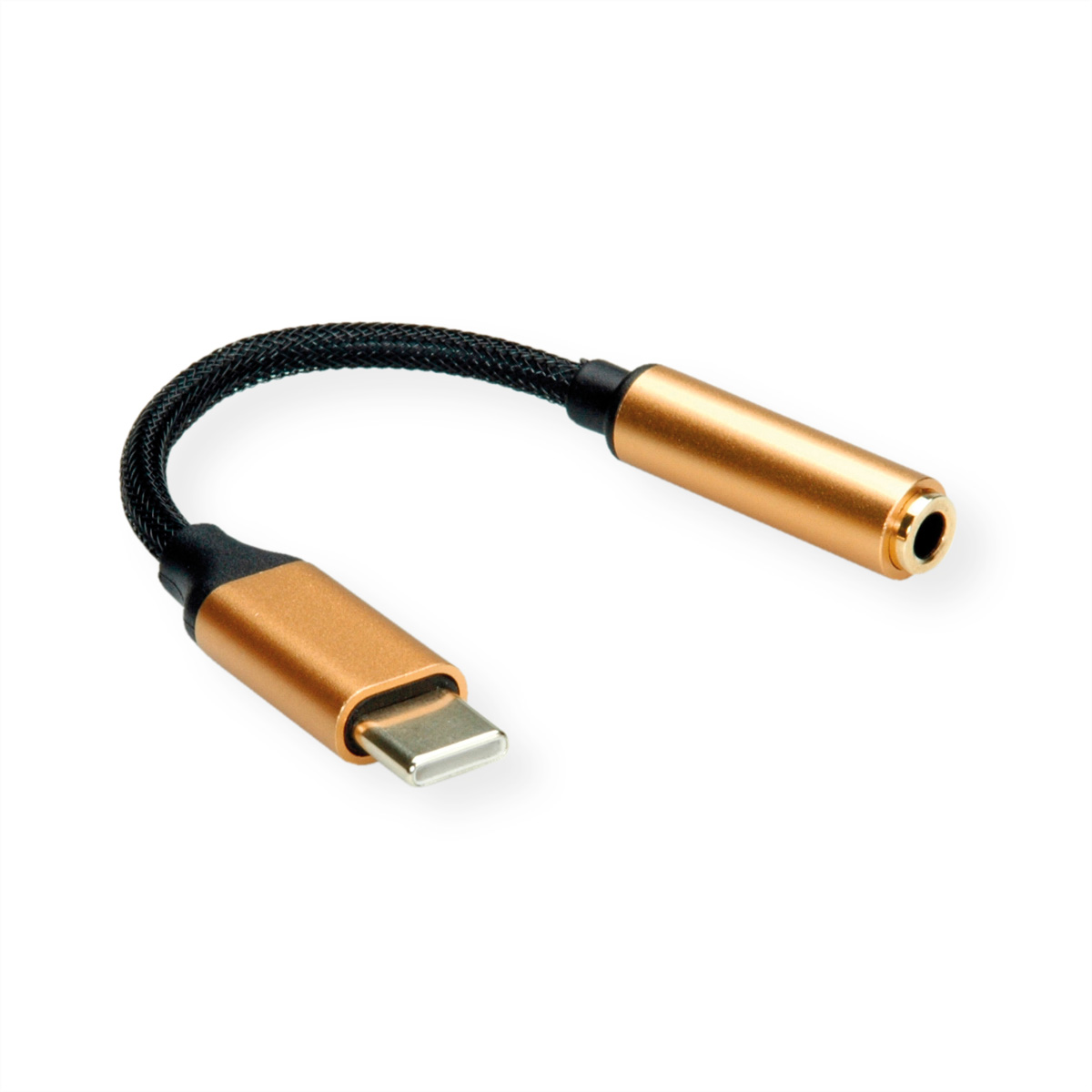 Adaptateur audio USB-C vers 3,5 mm doré sur fond blanc.
