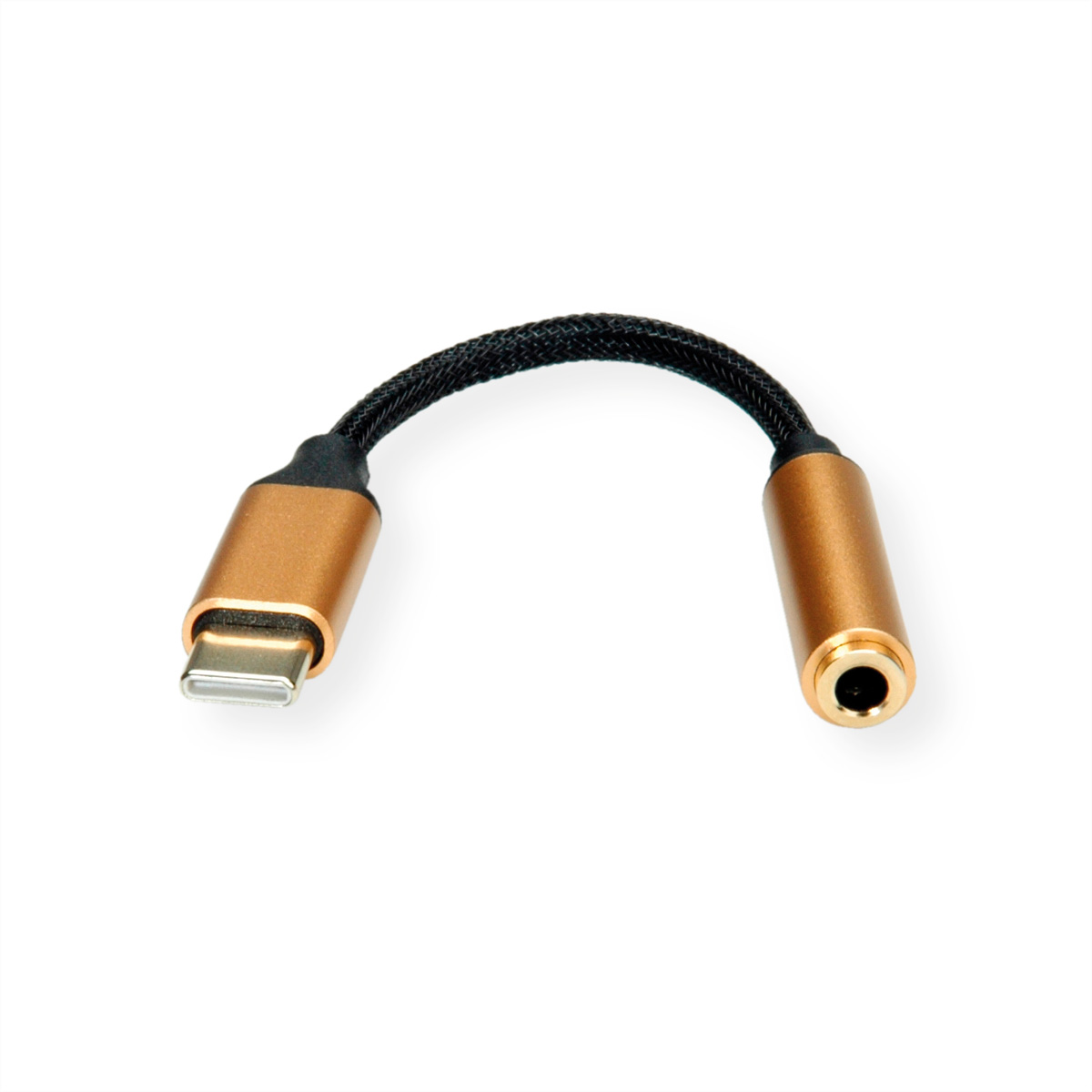 Goldener USB-C-auf-3,5-mm-Audioadapter. Es hat ein schwarzes geflochtenes Kabel, das die beiden Enden verbindet.