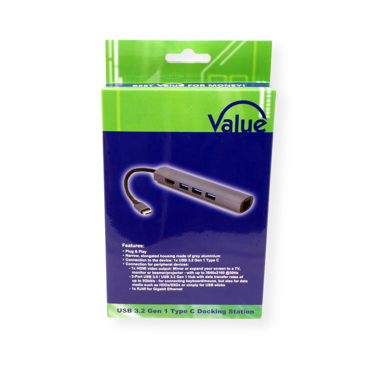 Eine Dockingstation-Box, grün und blau. Es zeigt einen USB-Hub mit Anschlüssen und erwähnt Funktionen.