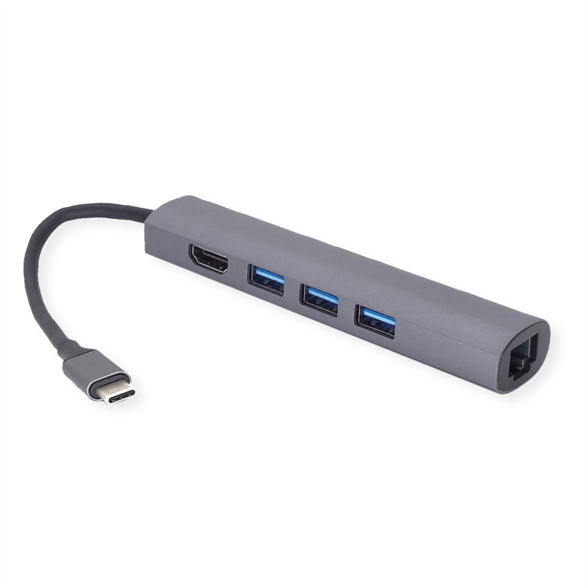 Ein grauer USB-Hub mit mehreren Anschlüssen, ein schwarzes USB-C-Kabel, auf weißem Hintergrund.