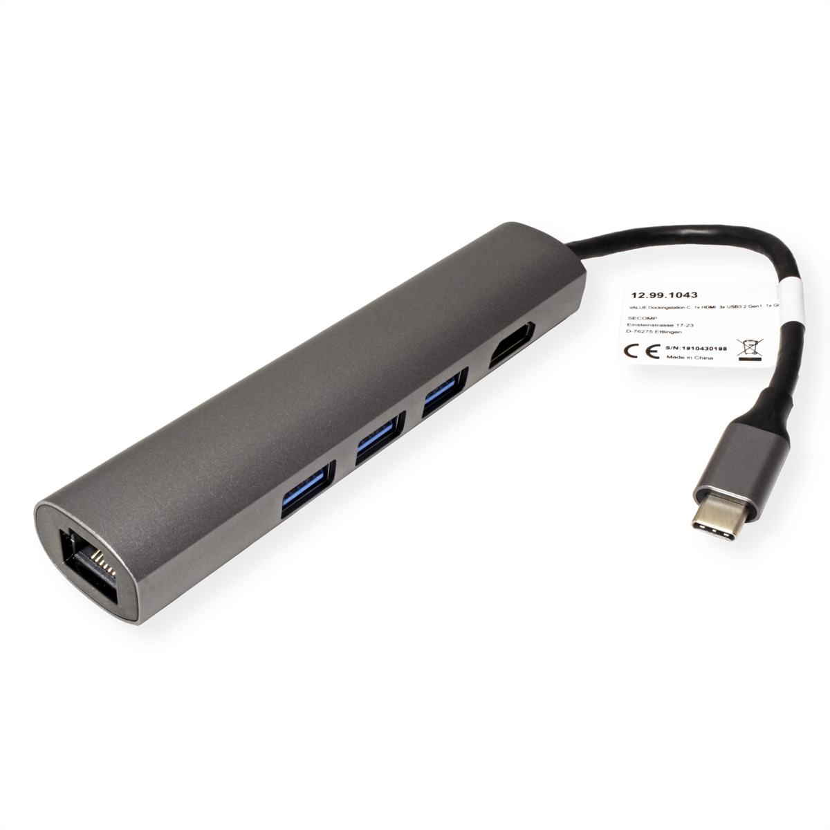 USB-Hub mit mehreren Anschlüssen und Kabel, graue Farbe, weißer Hintergrund.